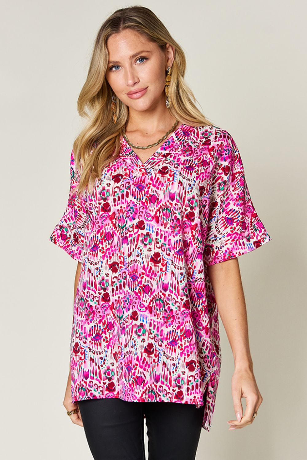 Double Take Full Size Printed V-Neck Short Sleeve Blouse Double Take Full Size Printed V-Neck Short Sleeve Blouse
